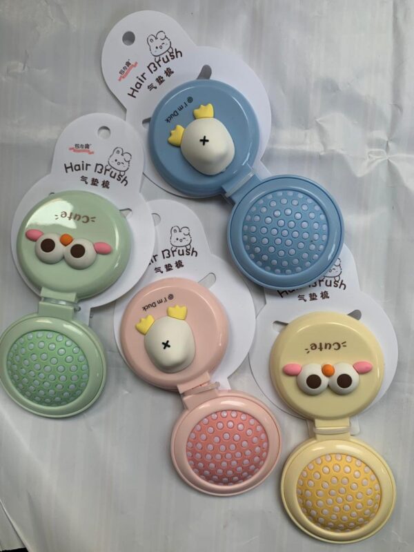 Cute Round Folding Puff Comb Set, Cartoon Portable Mini Air Cushion Brush with Head Massage and Makeup Mirror, ABS Plastic Handle, Normal Hair Type, Plastic Bristles (Asorted colors) - Image 3